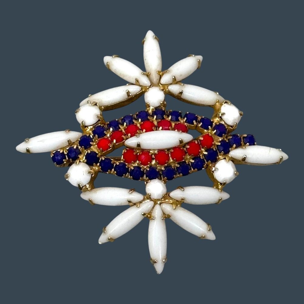 Vintage Patriotic Brooch Pin Red White & Blue Rhinestones Floral Design Glass